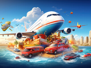 Exploring Travel Options: Car, Plane, and Ship in Online Tour Booking Concept