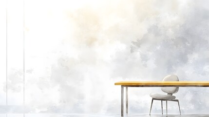Watercolor Artistic using soft, brushy watercolor strokes, Single object picture - a large wooden dining table with a single chair