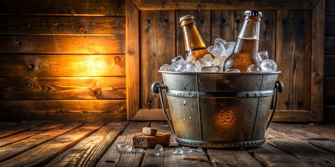 A rustic metal bucket brimming with ice and amber bottles, resting on a weathered wooden table, illuminated by warm light