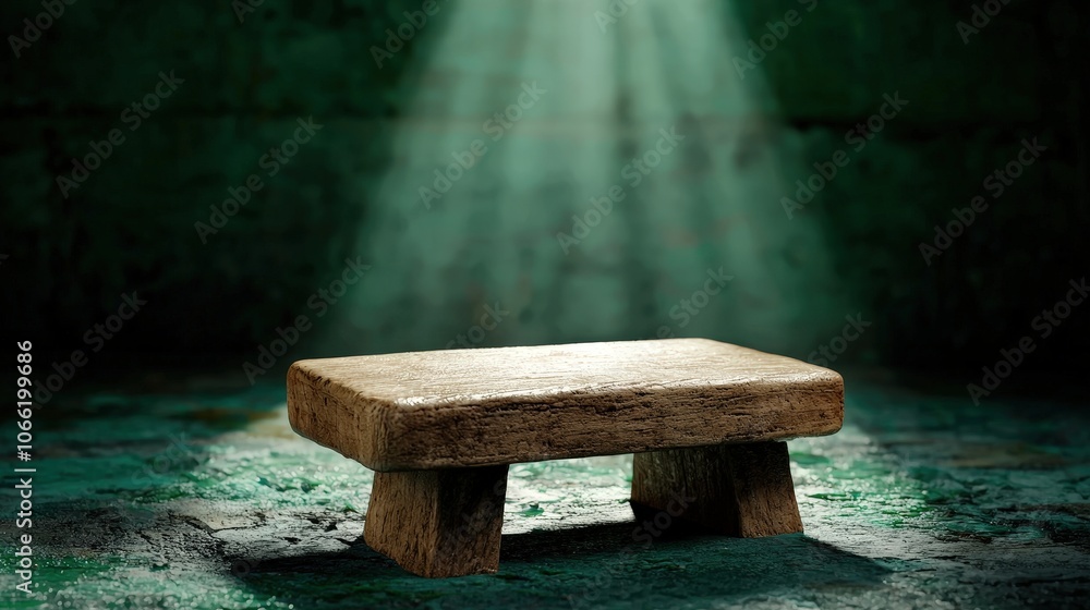 Poster rustic wooden platform with green background and light beam for product display