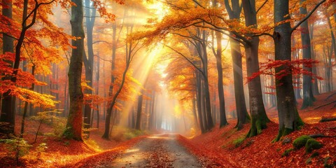 Fototapeta premium A Path Through Golden Autumn Woods, Lit By The Sun's Rays, Filtering Through Fog And Crimson Leaves