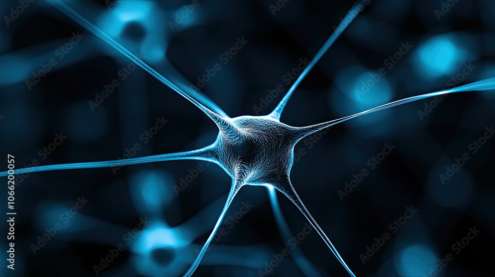Aufkleber close up view of neuron with glowing blue connections, representing scientific research in neuroscie