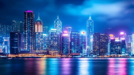 Obraz premium A Nighttime View of a Modern City Skyline with Colorful Reflections in the Water