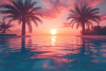 Obraz premium Silhouetted Palm Trees Reflecting in a Calm Pool at Sunset