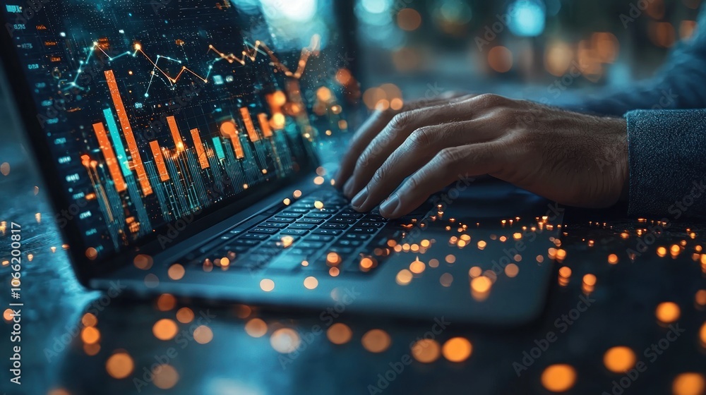 Poster A Person's Hand Typing on a Laptop with Data Charts Displayed on the Screen