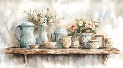 Watercolor Artistic using soft, brushy watercolor strokes, Single object picture - a rustic wooden shelf displaying an assortment of vintage trinkets