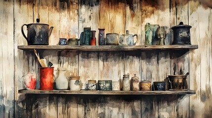 Watercolor Artistic using soft, brushy watercolor strokes, Single object picture - a rustic wooden shelf displaying an assortment of vintage trinkets