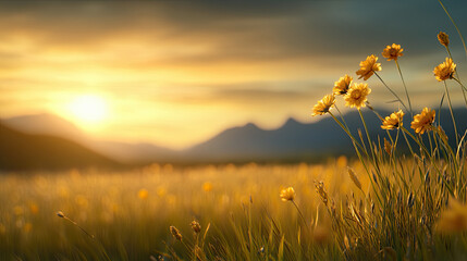 Fototapeta premium serene yellow flower field at sunset, with mountains in background, creating peaceful atmosphere. warm light enhances beauty of nature