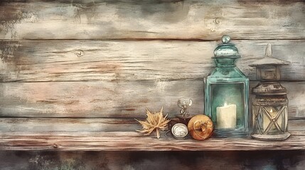 Watercolor Artistic using soft, brushy watercolor strokes, Single object picture - a rustic wooden shelf displaying an assortment of vintage trinkets