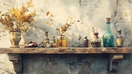 Watercolor Artistic using soft, brushy watercolor strokes, Single object picture - a rustic wooden shelf displaying an assortment of vintage trinkets