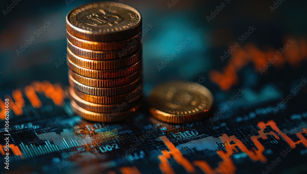 Aufkleber A Stack of Golden Coins on a Chart with Orange and Blue Lines