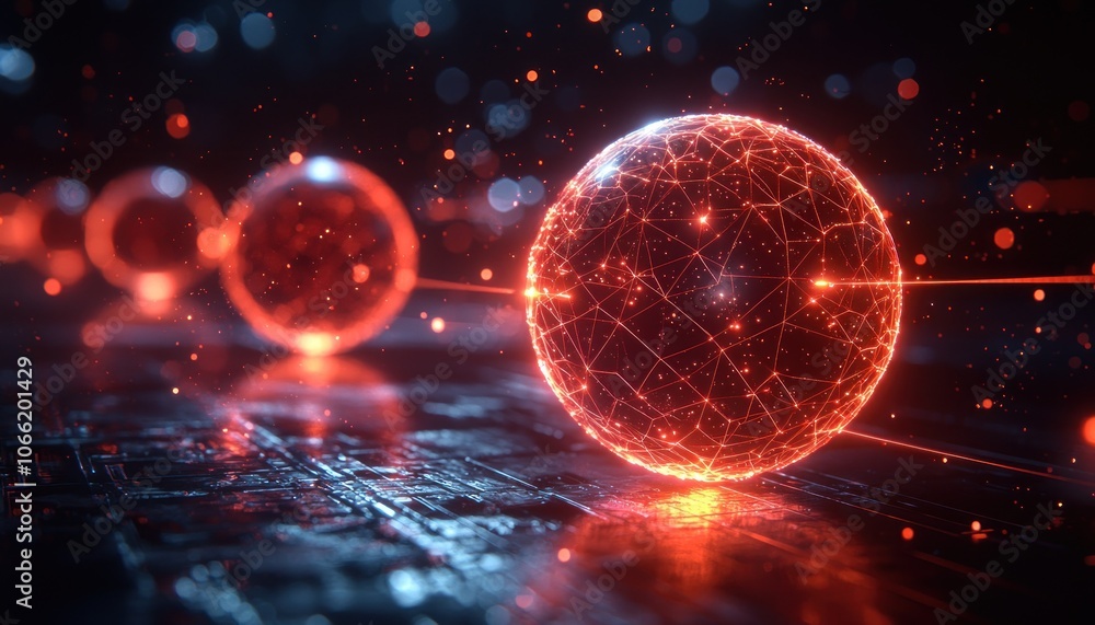 Poster Glowing Red Sphere with Connected Lines on Dark Background