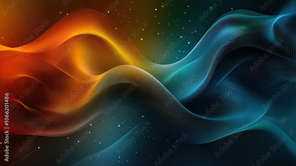 Poster colorful digital abstract background with flowing waves in orange and blue, creating dynamic and vib