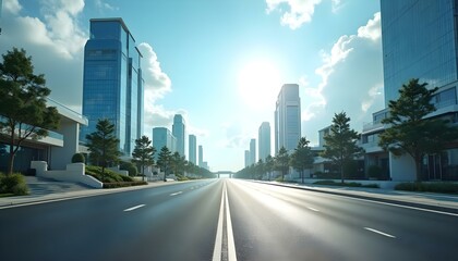 Fototapeta premium Highway in the city with clear blue sky and sunbeam