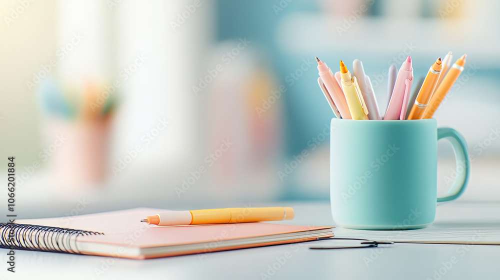 Poster elegant display of pastel colored writing instruments in cup, with notebook and pen nearby, creating