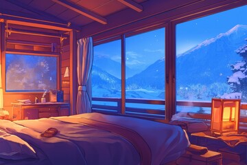 Ski lodge with a rustic wooden staircase and cozy decor. Cozy vibe, Generative AI