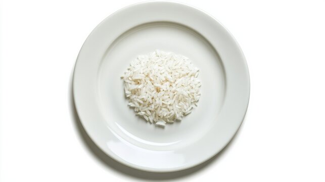 Plate with a small portion of rice on a white background symbolizing hunger