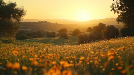 Obraz premium Golden Sunset Over a Field of Wildflowers with Silhouetted Trees