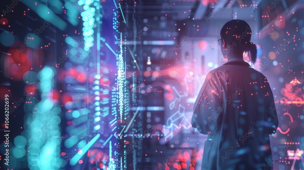 Poster scientist observing holographic data projections on a futuristic interface in a high tech laboratory