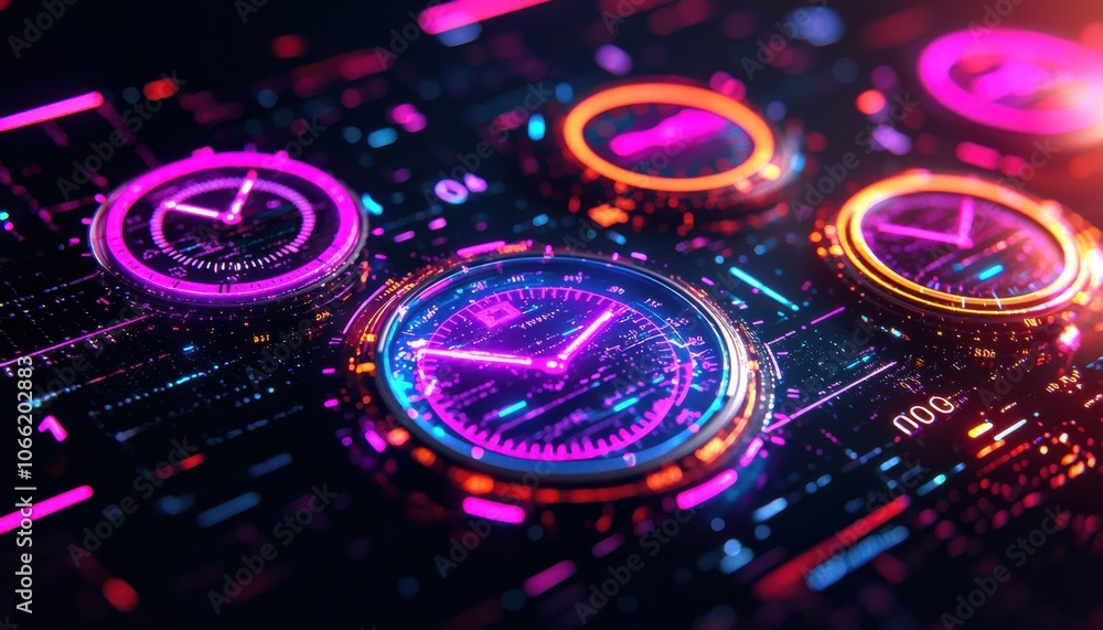 Poster futuristic digital interface with vibrant neon clock elements on dark background.