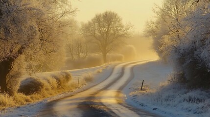 Frosty countryside road winding through leafless trees covered in a thin layer of ice; the early morning sun casts a golden hue over the frosted branches and ground 