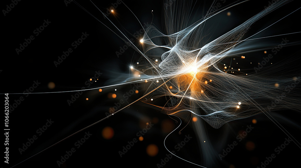 Poster intricate digital abstract design featuring glowing lines and particles, creating mesmerizing visual
