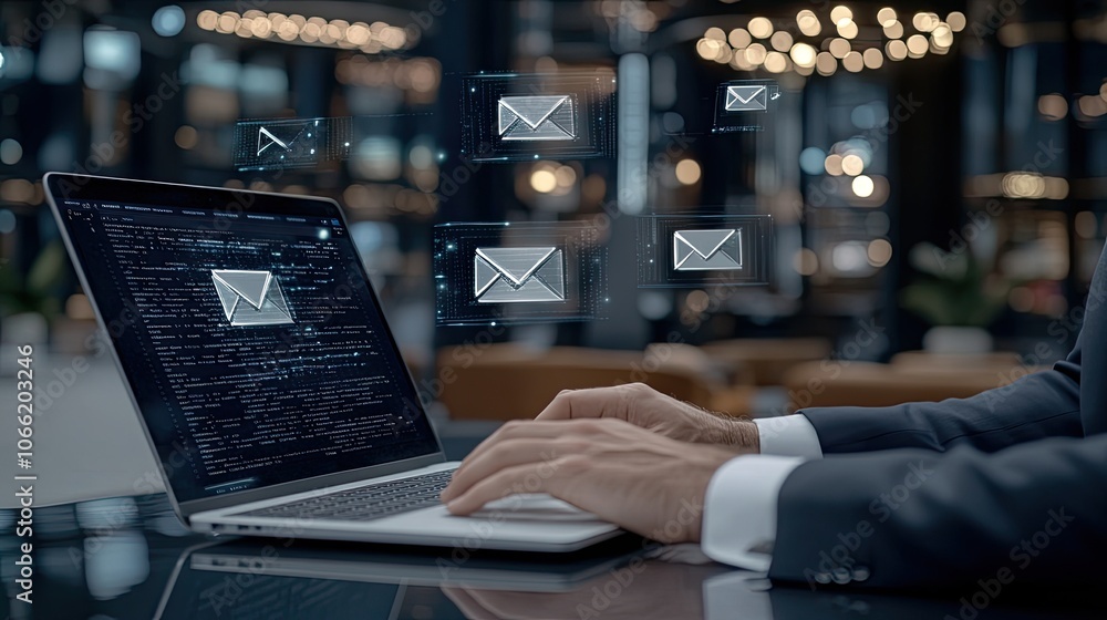 Poster a person's hands are actively typing on a laptop while virtual email icons hover above the screen in