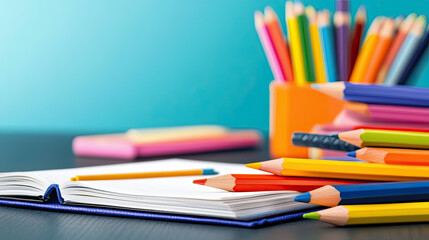 Fototapeta premium Colorful pencils and pens arranged beside open notebook on desk, creating vibrant workspace. Perfect for creative projects and artistic inspiration