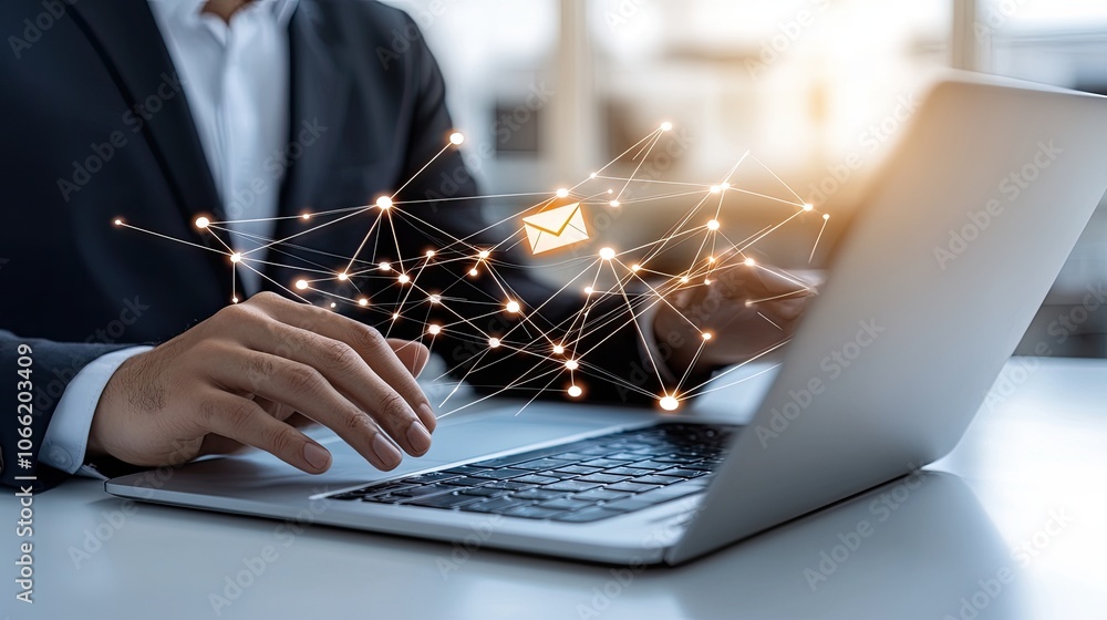 Poster a person's hands are actively typing on a laptop while virtual email icons hover above the screen in