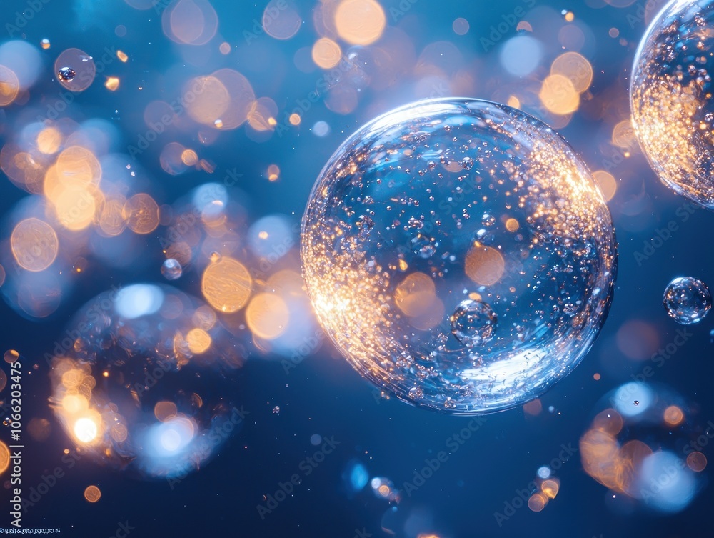 Poster a single transparent sphere floating in a blue and gold background with defocused lights and smaller