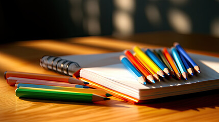Colorful pencils and pens arranged beside notebook on wooden table, creating vibrant and creative workspace. warm light enhances cheerful atmosphere