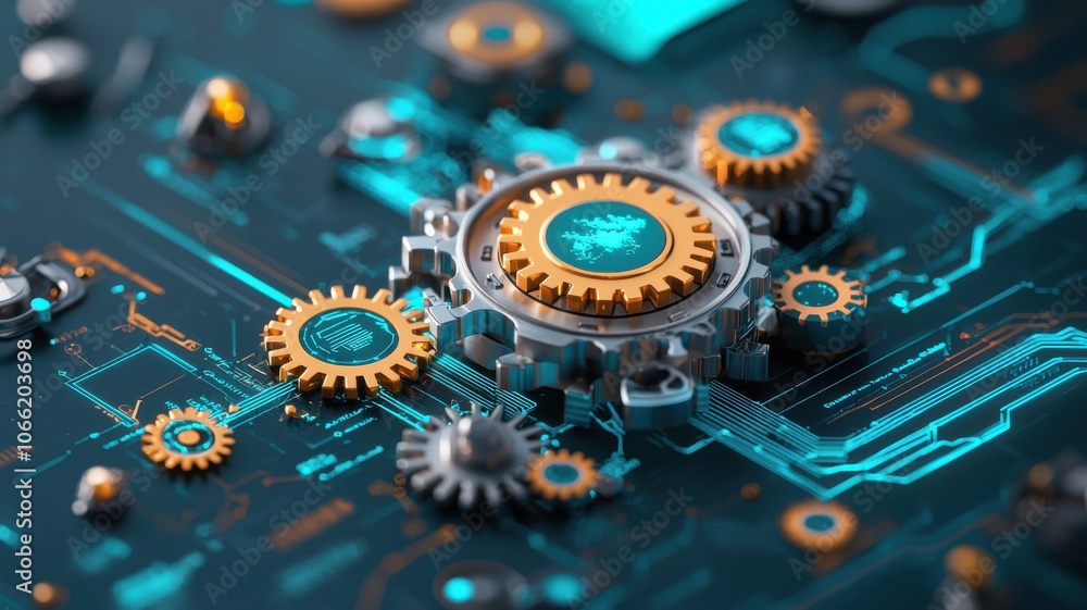 Poster intricate gears and circuits in a futuristic technology design.