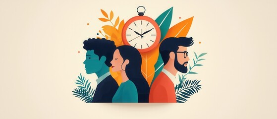 Illustration of diverse people with a clock and nature elements in the background.