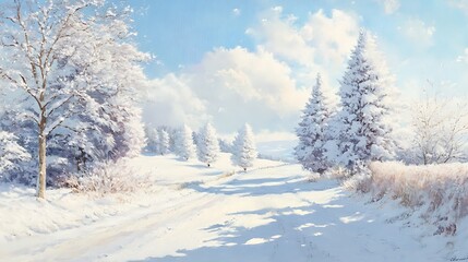 Obraz premium Row of snow-covered trees along a quiet country road, each branch coated in fresh snow; the undisturbed white landscape stretches into the distance, evoking a peaceful winter scene 