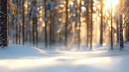 Obraz premium serene snowy forest scene with tall evergreen trees, softly blurred in background, illuminated by warm sunlight filtering through branches, creating peaceful winter atmosphere