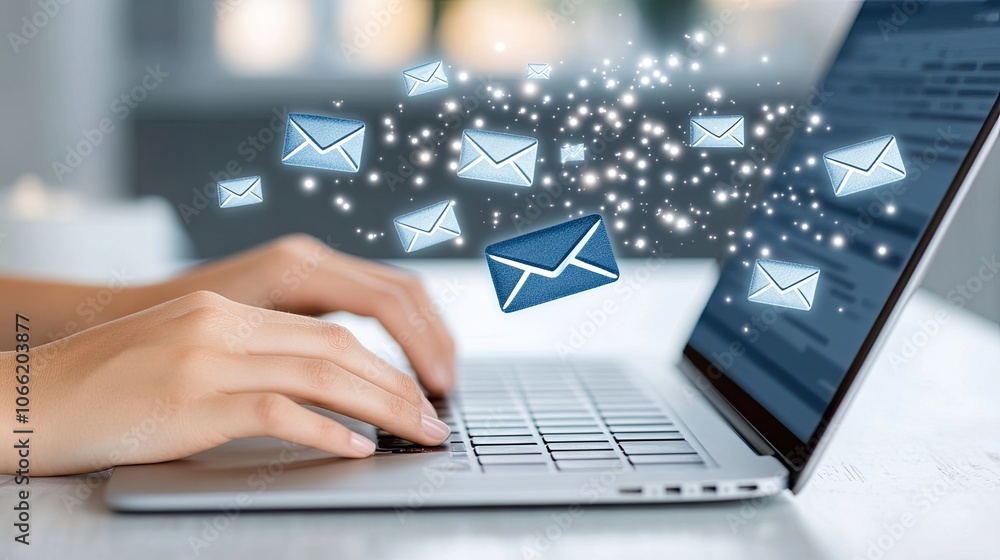 Poster a person's hands are actively typing on a laptop while virtual email icons hover above the screen in