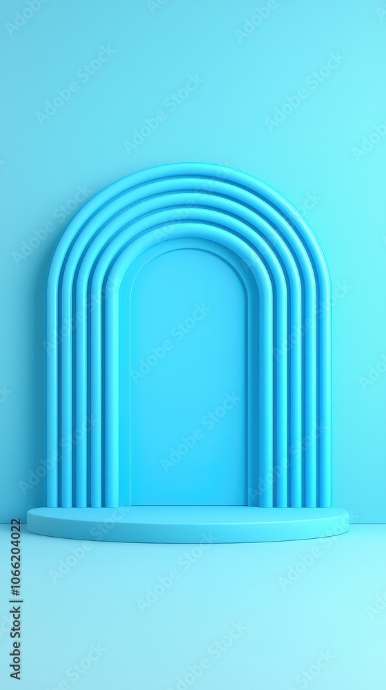 Poster abstract blue archway with platform minimalist 3d render background