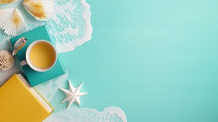 Relaxing summer setup with a cup, notebook, and seashells on a turquoise background.