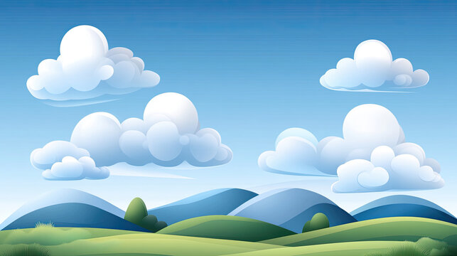 Tranquil blue sky with light clouds over rolling green hills creates serene landscape. Perfect for relaxation and nature themed projects