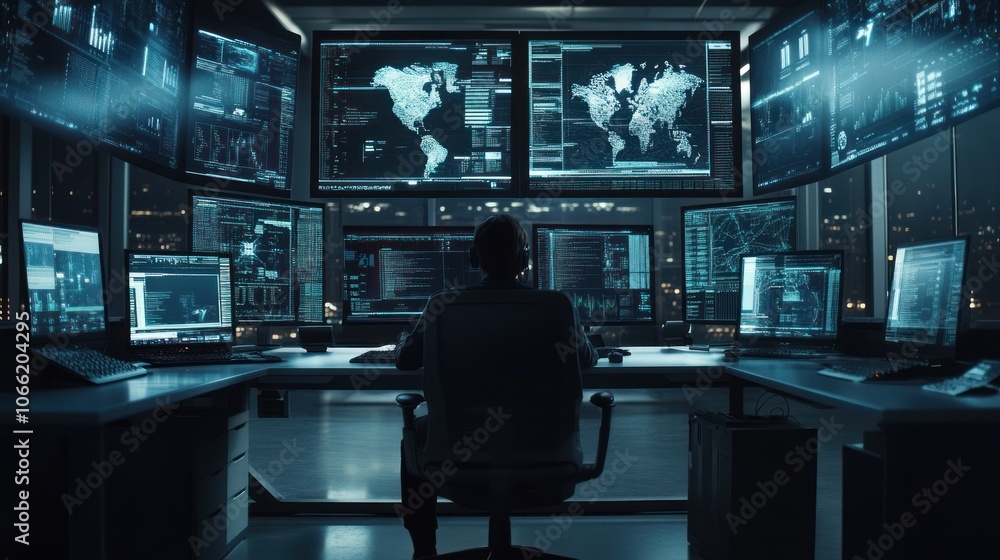 Poster A Hacker Working in a Dark Room with Multiple Monitors Displaying Data and a World Map