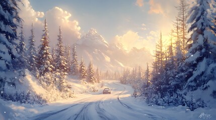 Snow-covered mountain road winding through a winter landscape, with a car driving through surrounded by tall, frosty trees; sunlight breaks through clouds, illuminating the serene, snowy scene 
