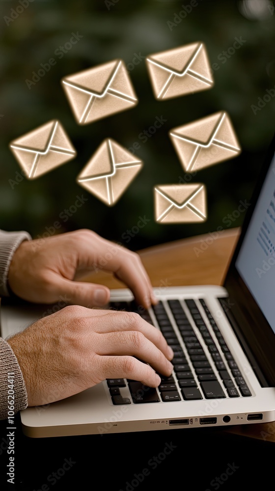 Poster a person's hands are actively typing on a laptop while virtual email icons hover above the screen in