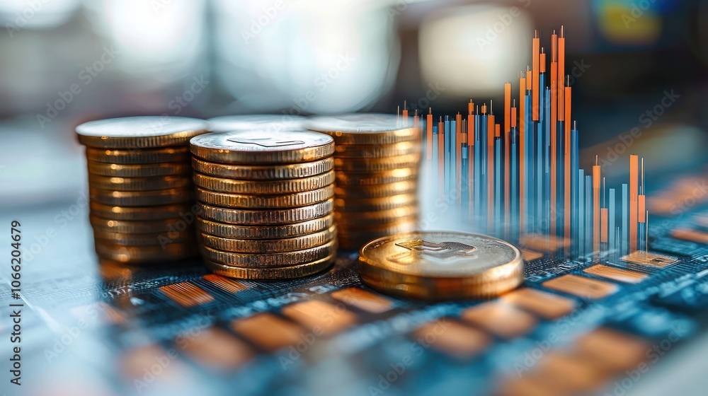 Poster gold coins and a financial graph on a circuit board