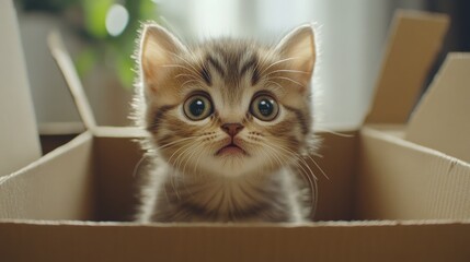Adorable Kitten Looking Out from a Cardboard Box