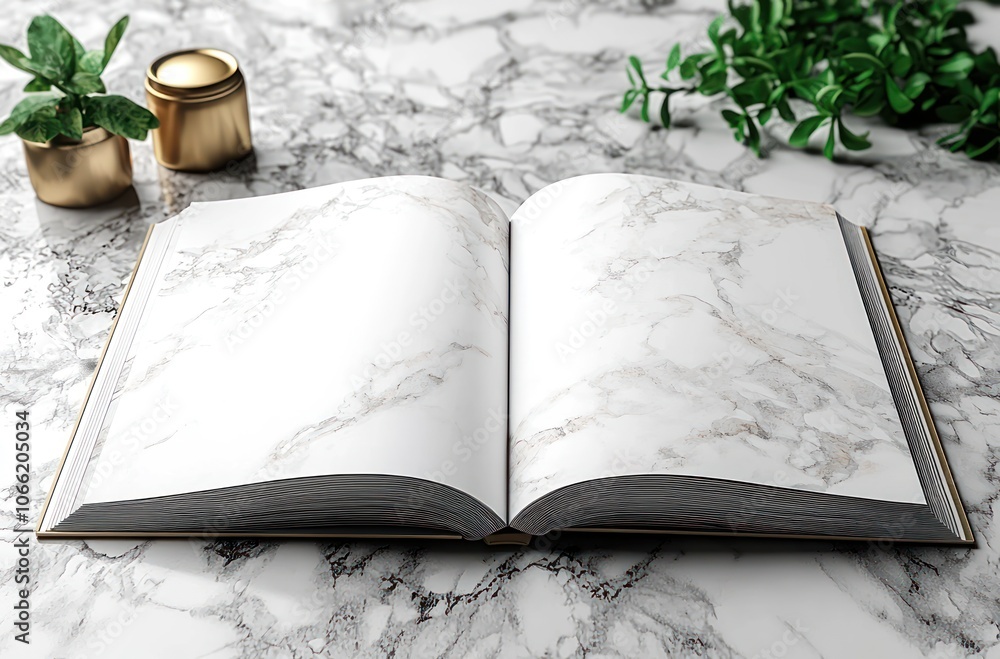 Poster open book with marble pattern on white marble surface