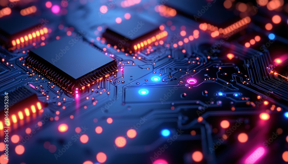 Aufkleber close-up of illuminated circuit board with integrated chip