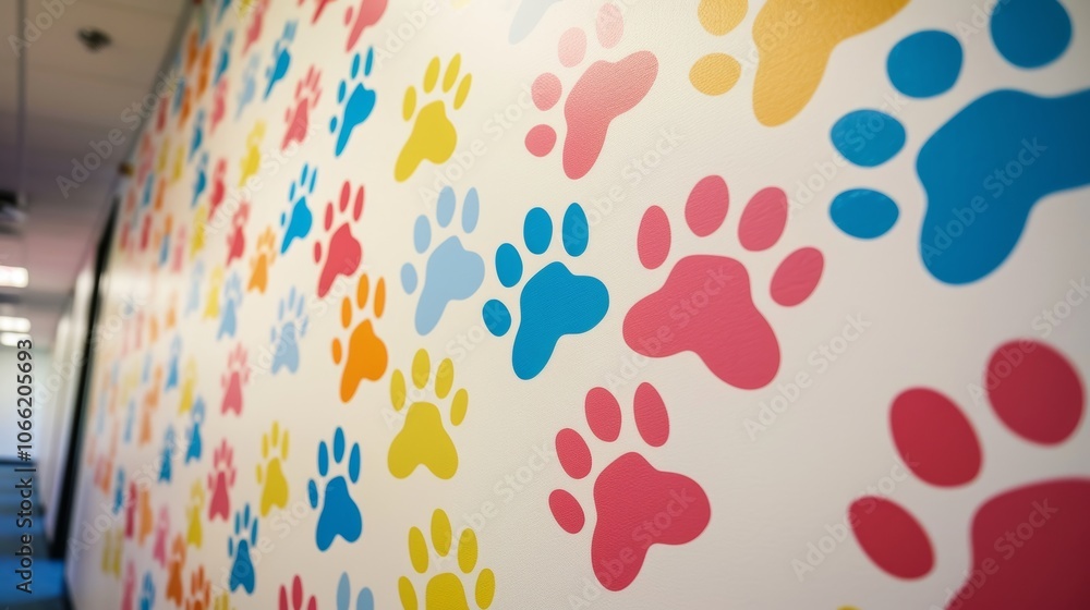 Poster a wall covered in colorful paw prints adds a fun and playful touch to the space.