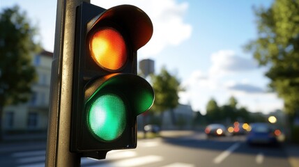 Traffic Light with Green and Yellow Signal in City