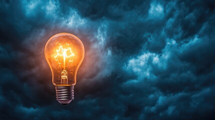 Glowing Light Bulb Against Dark Stormy Background