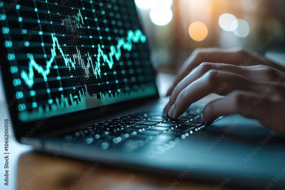 Aufkleber close-up of hands typing on laptop with stock market data displayed
